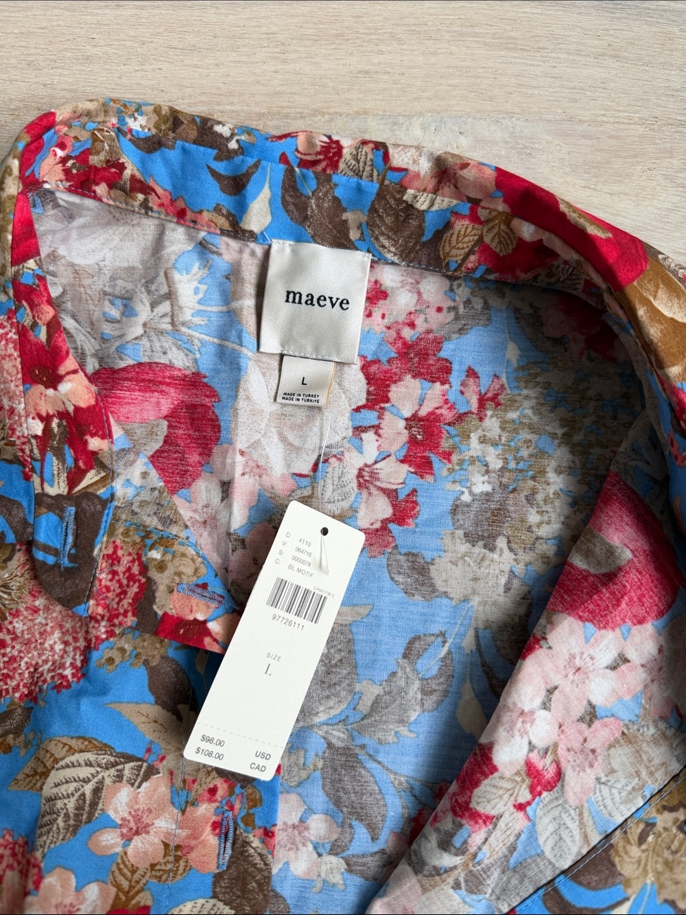 New Maeve women’s Blue Floral lantern Short-Sleeve Collared Top sz large cotton - Picture 6 of 10